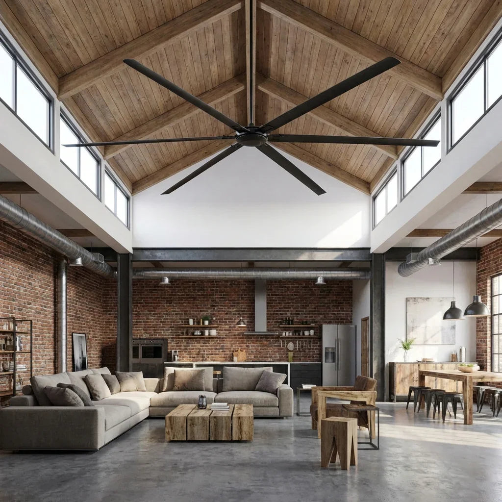 Black HVLS ceiling fan on a high vaulted ceiling with five long blades