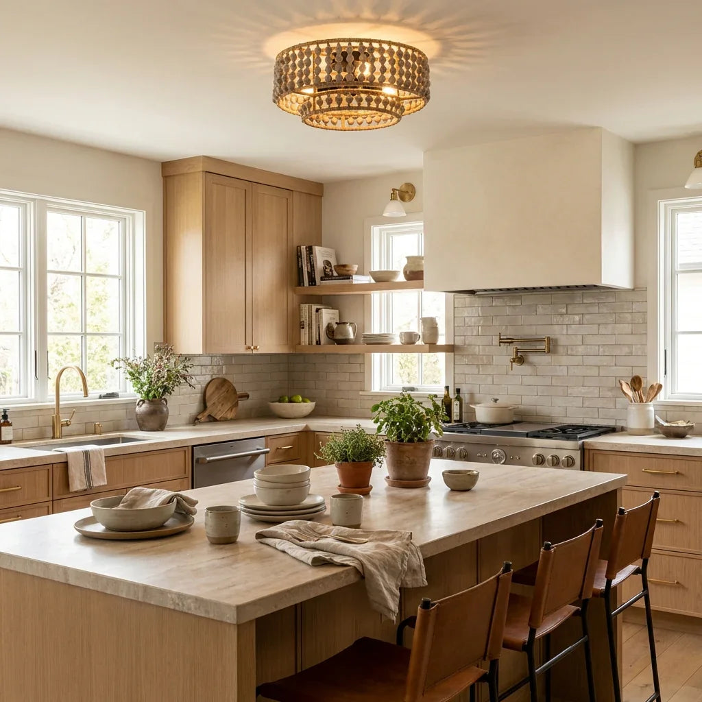 Round wood and bead three-light flush mount ceiling light centered over kitchen