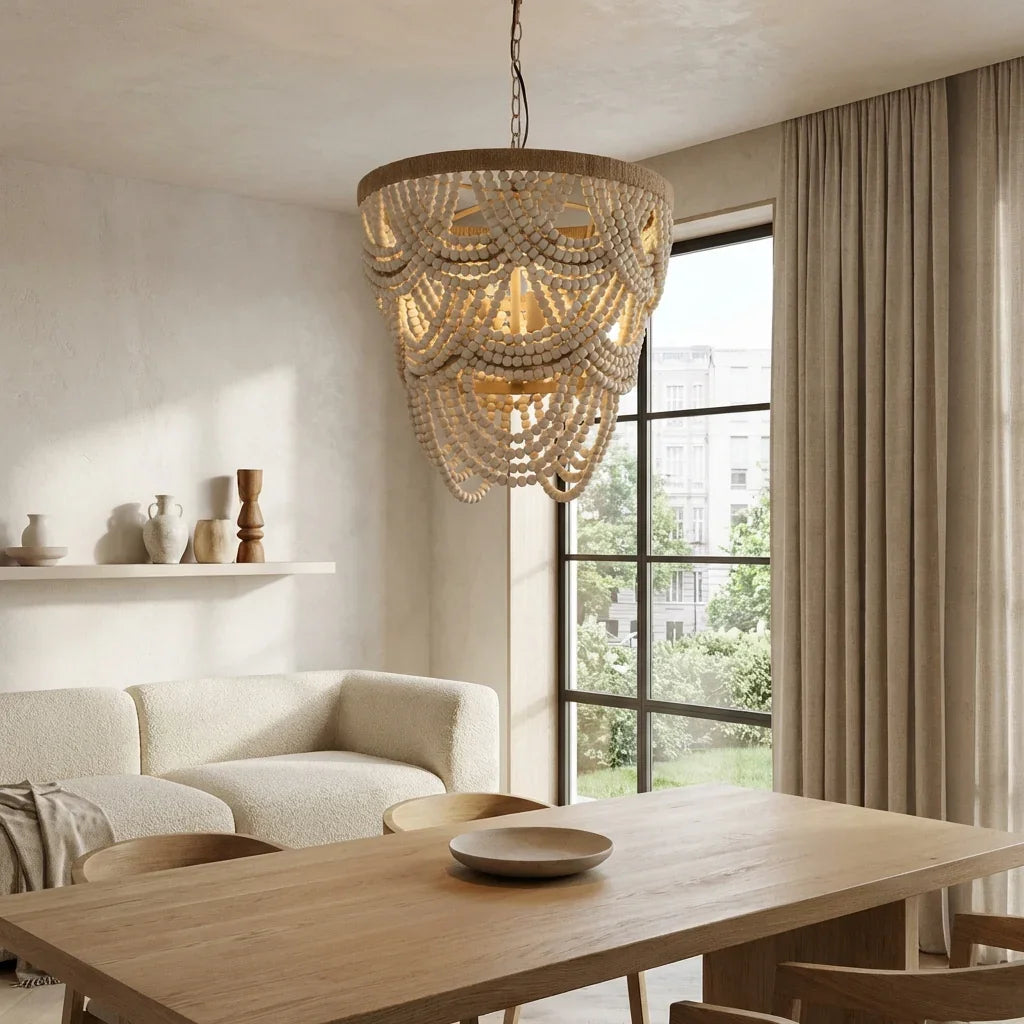 Beige and white beaded chandelier with warm light above dining area