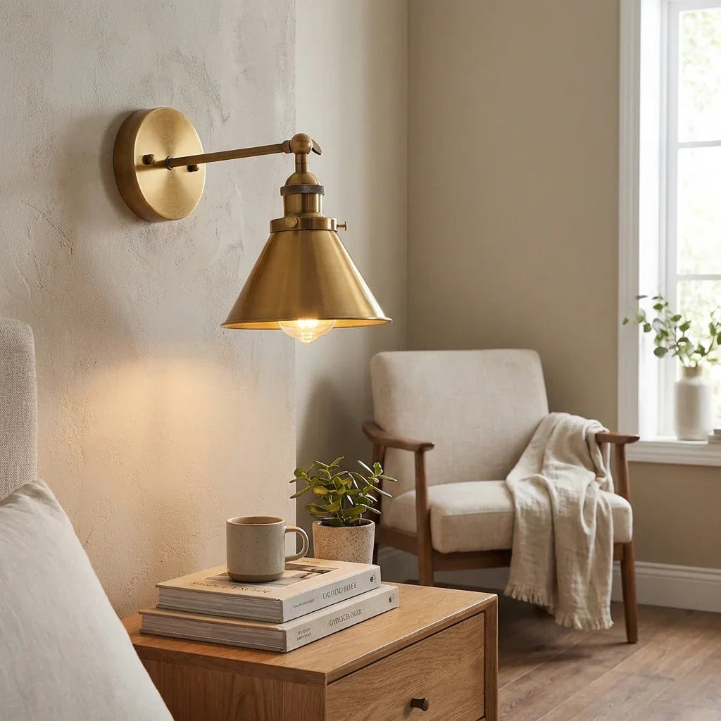 Golden brass wall sconce on wall with bell shade and exposed glowing bulb