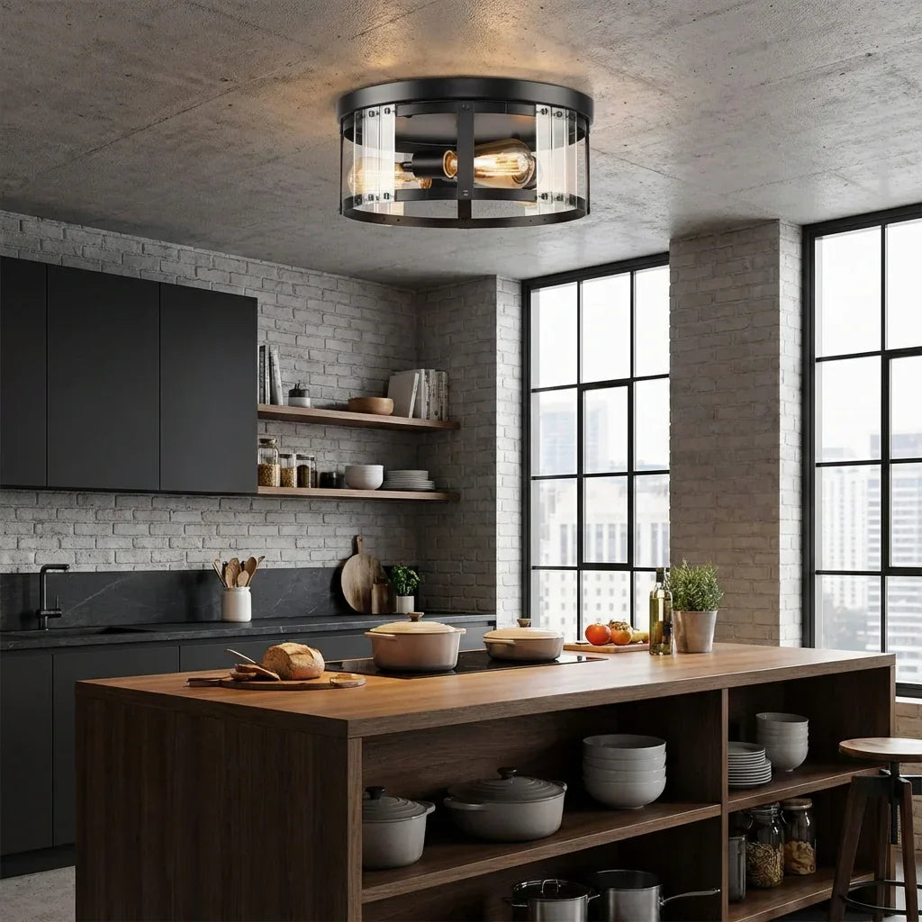 Black flush mount ceiling light with three exposed bulbs in a circular glass-and-metal frame