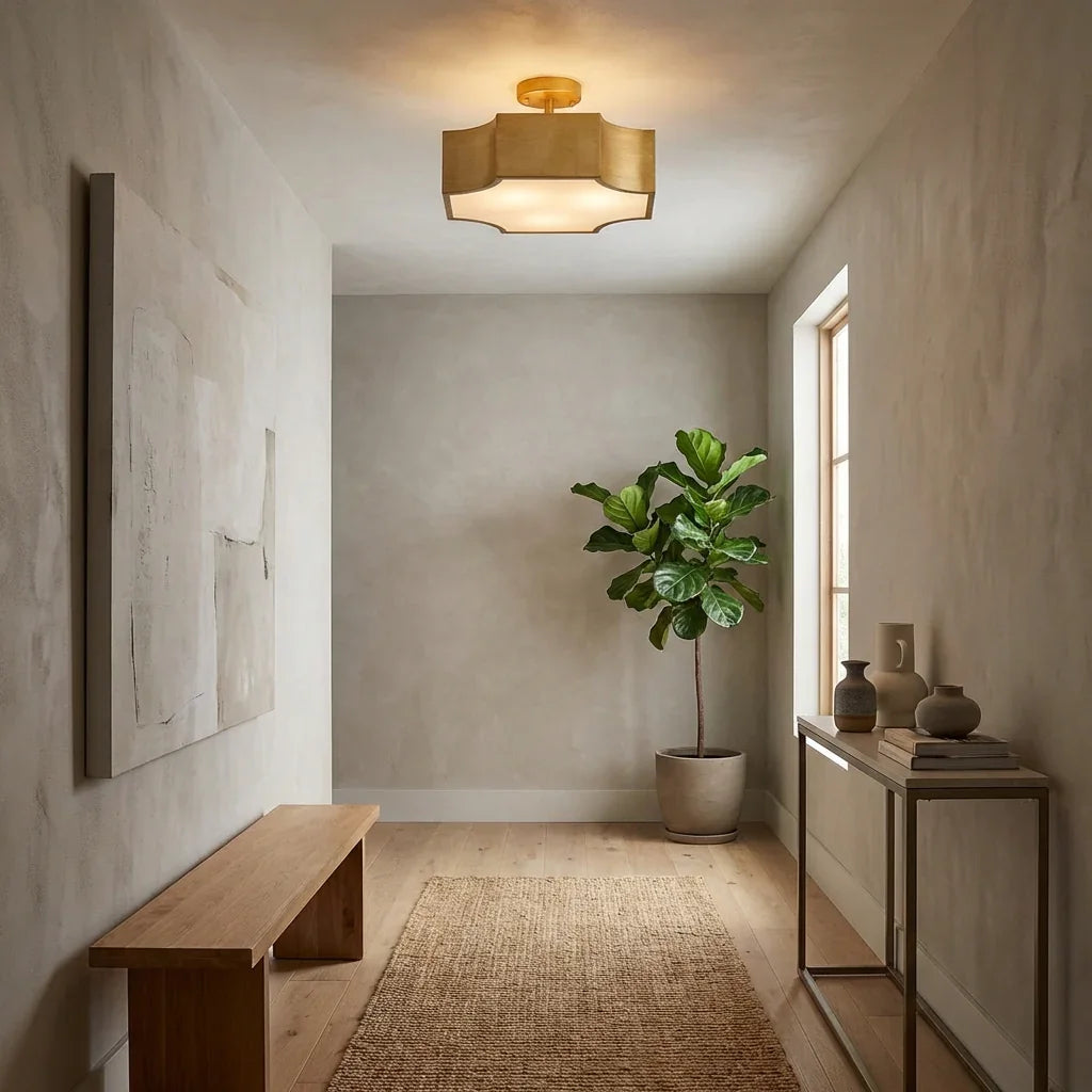 Golden 3-light semi flush mount ceiling fixture with rectangular shades