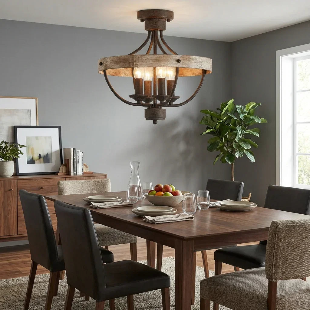 Ceiling light with brown wood-look ring and black metal guard, lit over dining area