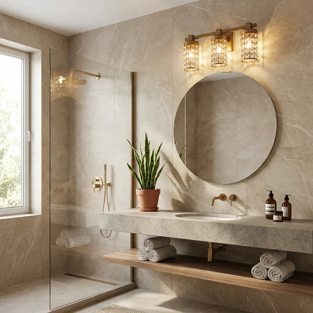 Golden 3-light vanity wall sconce with linear bar and glowing faceted crystal glass shades