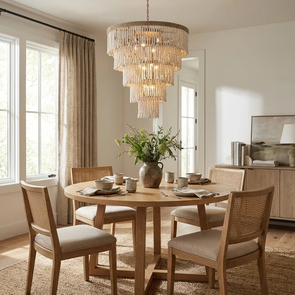 Golden beaded chandelier hanging over dining area, warm-lit bulbs and cascading fringe