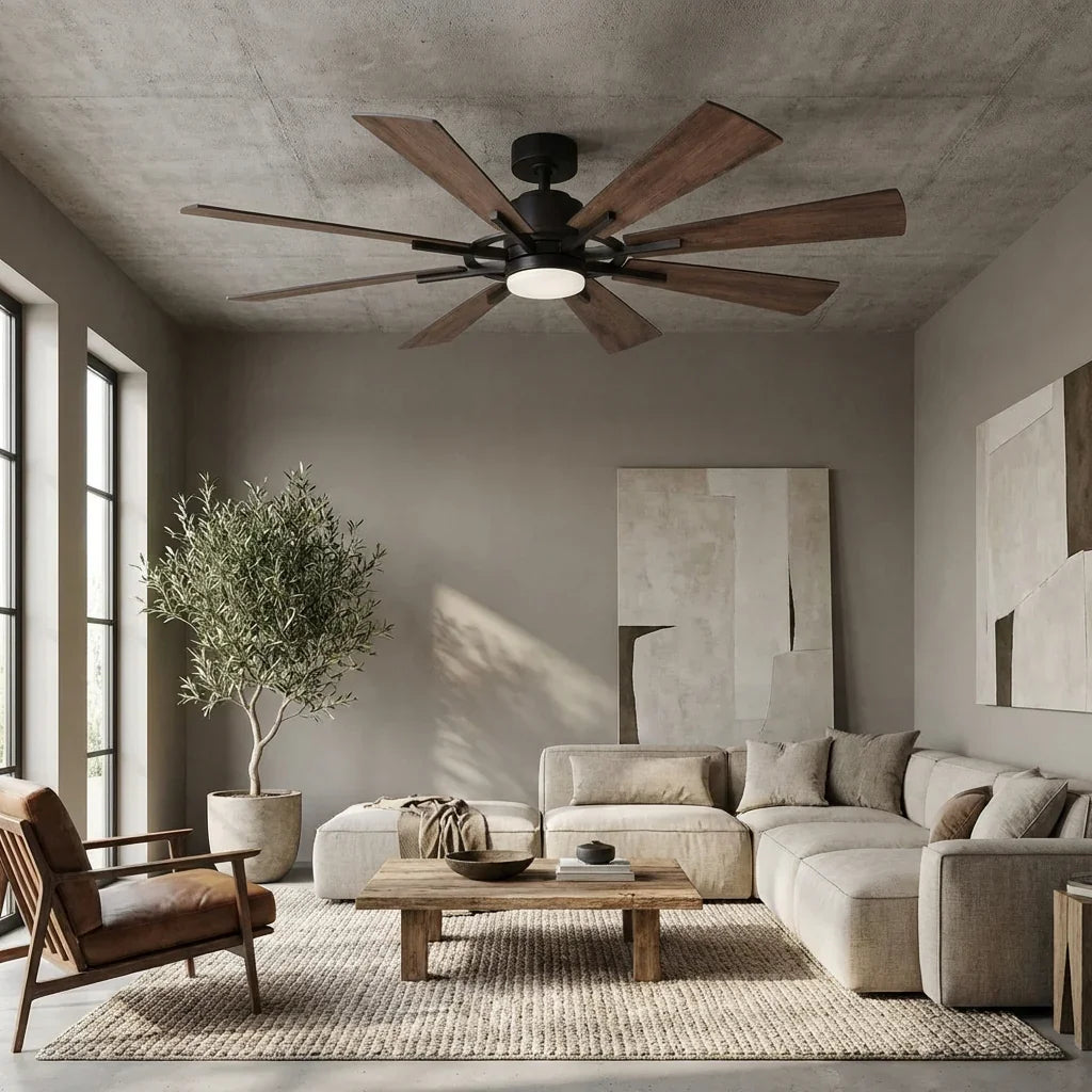60-inch ceiling fan with dark wood blades and LED light, mounted on the ceiling