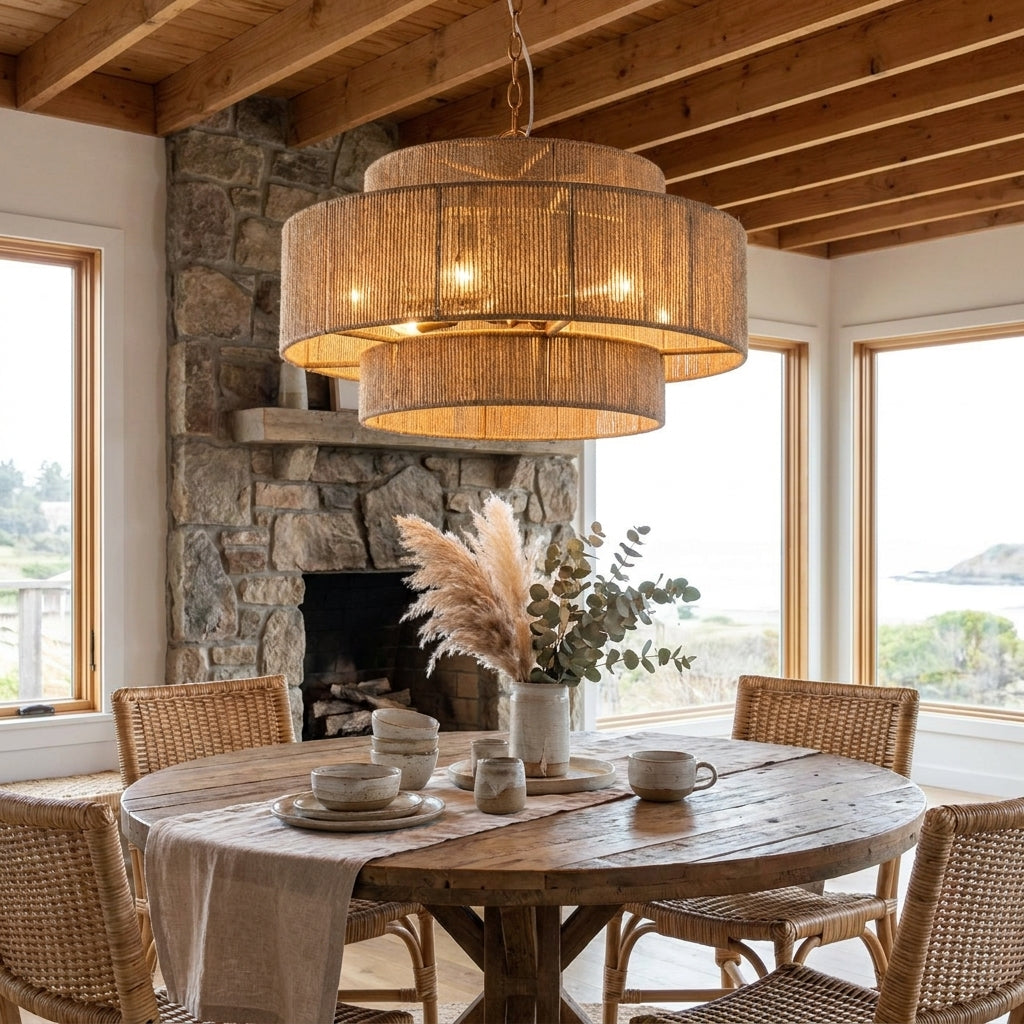Natural rope drum chandelier with antique gold chain mount and warm bulbs