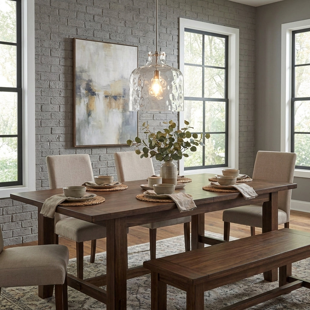 Farmhouse island pendant light with textured clear glass shade and brush nickel mount