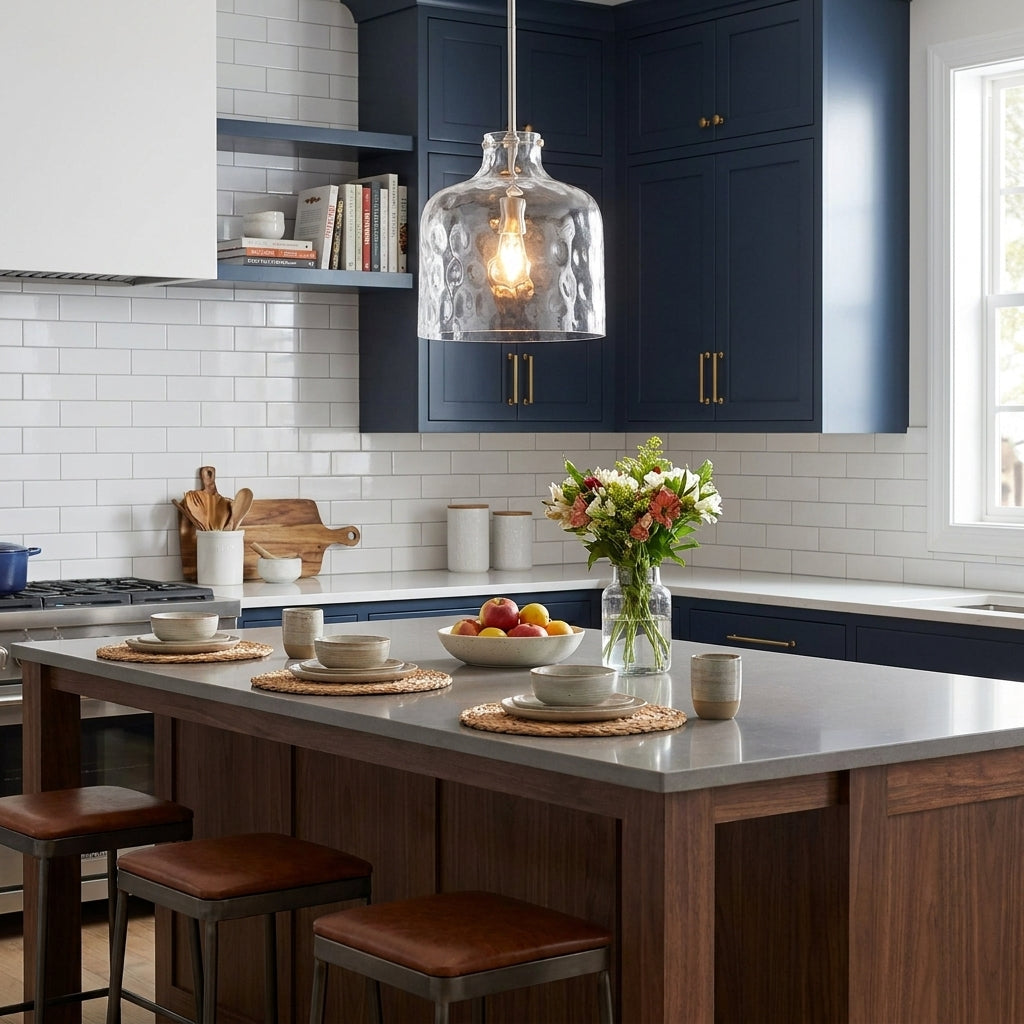 Island pendant light with clear textured glass shade and glowing bulb, brush nickel