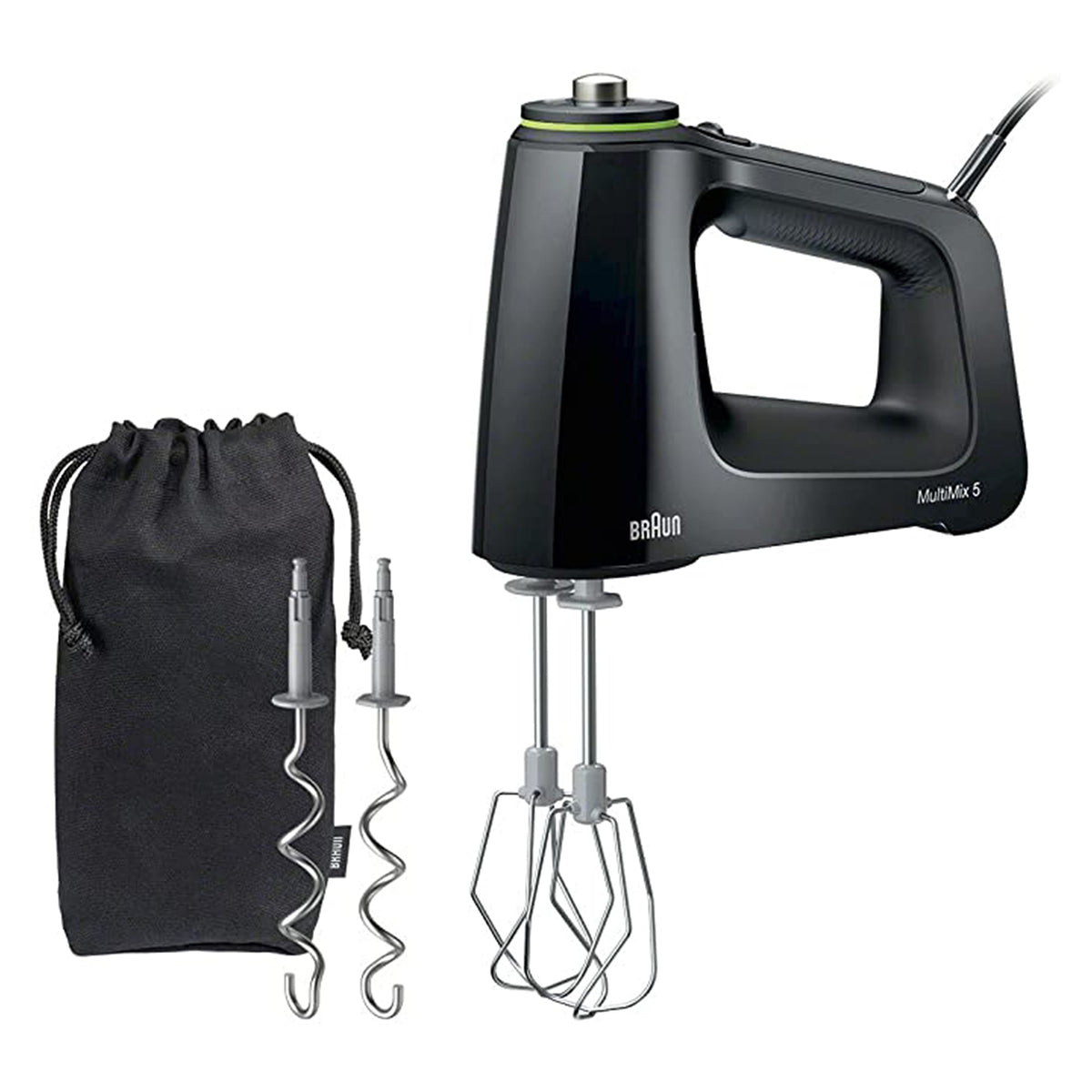 Black Braun hand mixer with beaters, dough hooks, and accessory bag