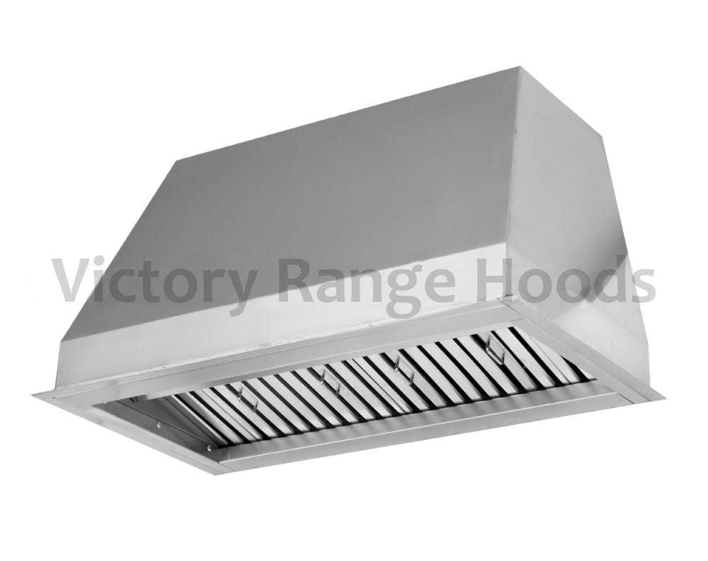 Stainless steel range hood insert with slatted baffle filter, angled top view