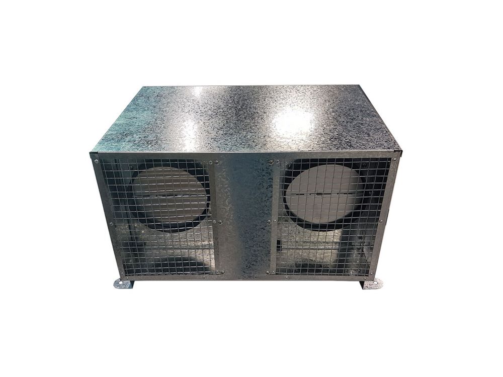 Outdoor wall blower housing with two circular intake fan grilles