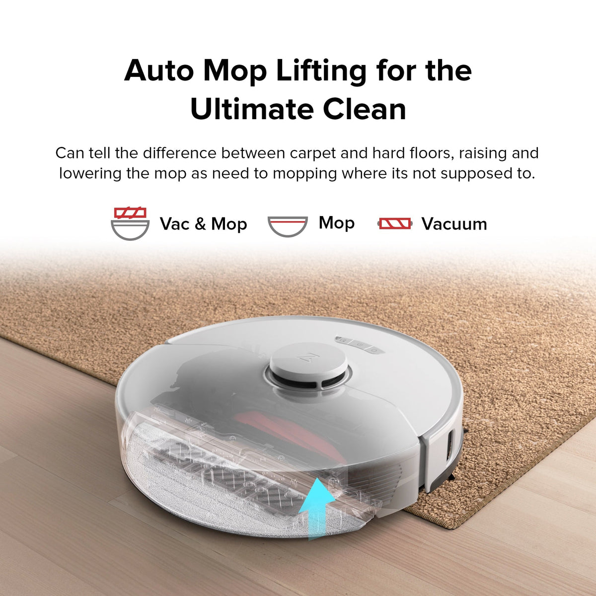 White robot vacuum on hardwood near rug, round top with sensor window visible