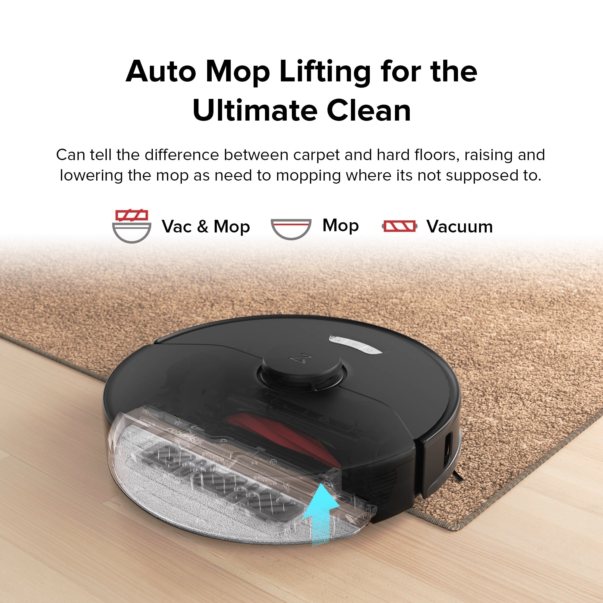 Robot vacuum on carpet with raised mop pad section for easier carpet cleaning