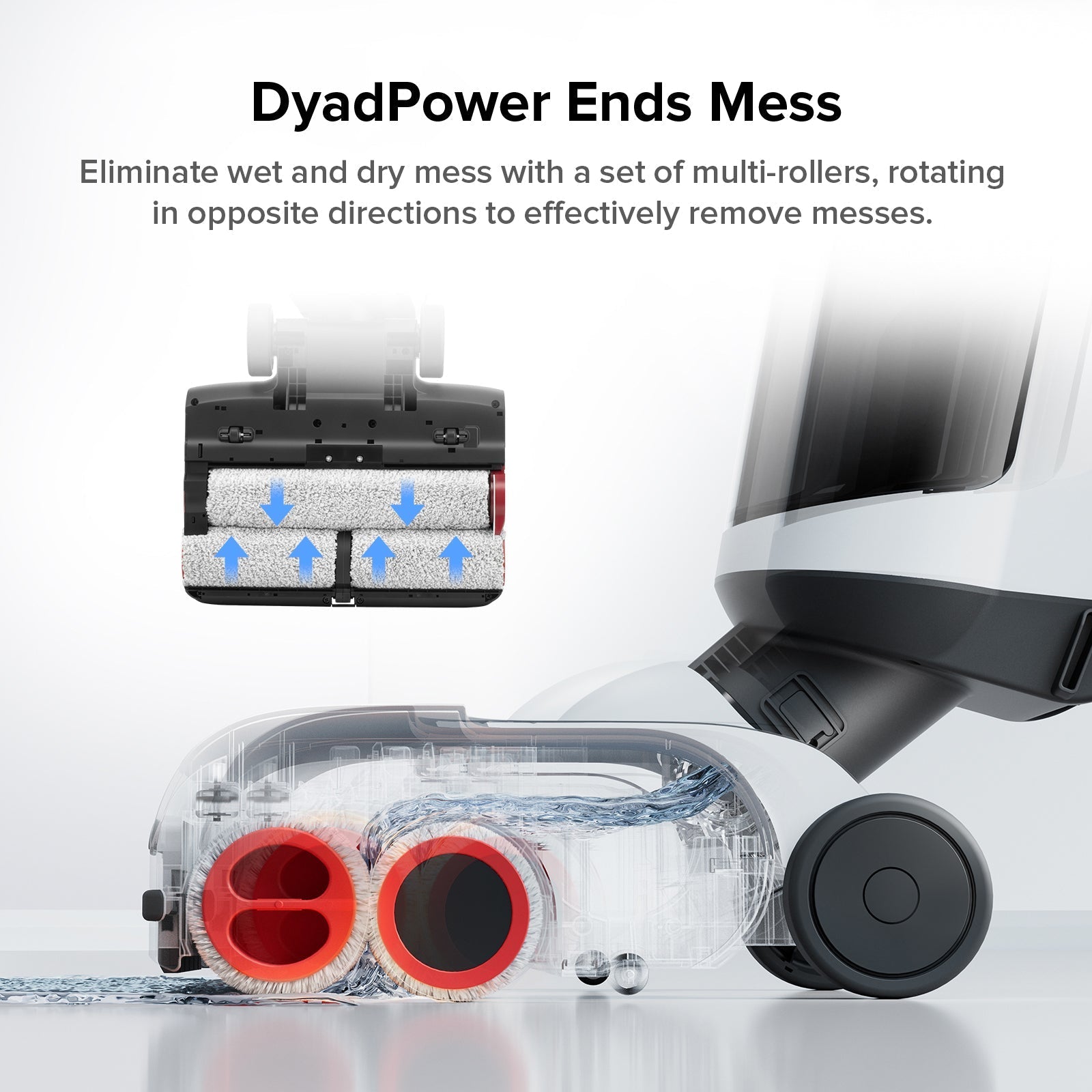 Wet and dry vacuum floor roller brush head with water-cleaning rollers