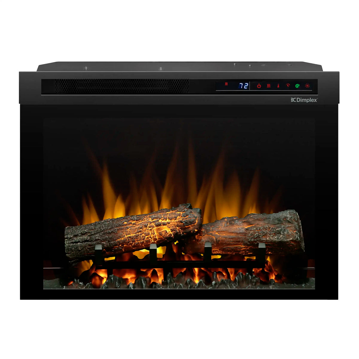 Black inset electric firebox with open flames and glowing log bed