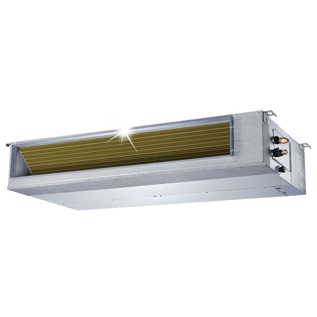 Slim-duct indoor air handler unit with side service ports, gray metal housing