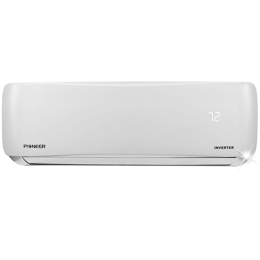 Pioneer ductless mini-split indoor unit angled view with digital temp and inverter label