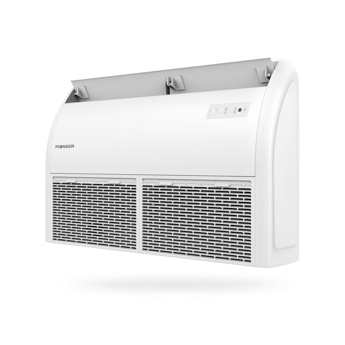 White Pioneer ductless indoor mini-split unit side view with vent grille