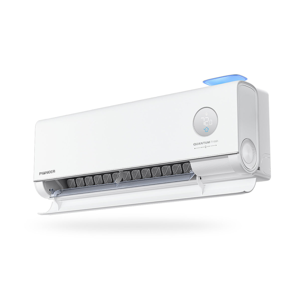 White ductless mini-split air conditioner indoor unit, angled view with display