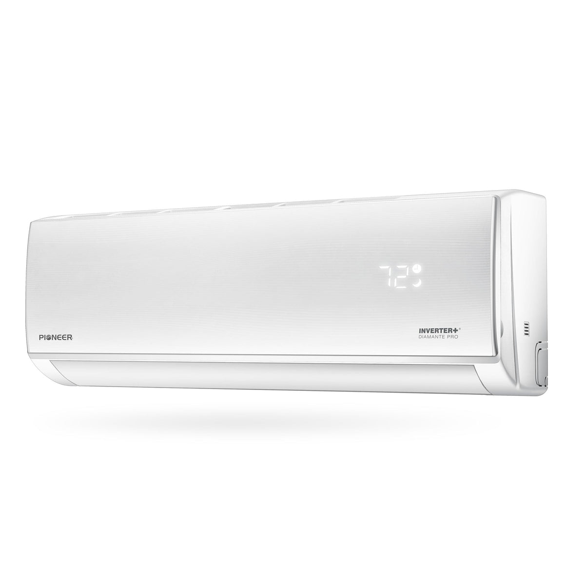 White wall-mounted ductless mini-split air conditioner with side vents and display