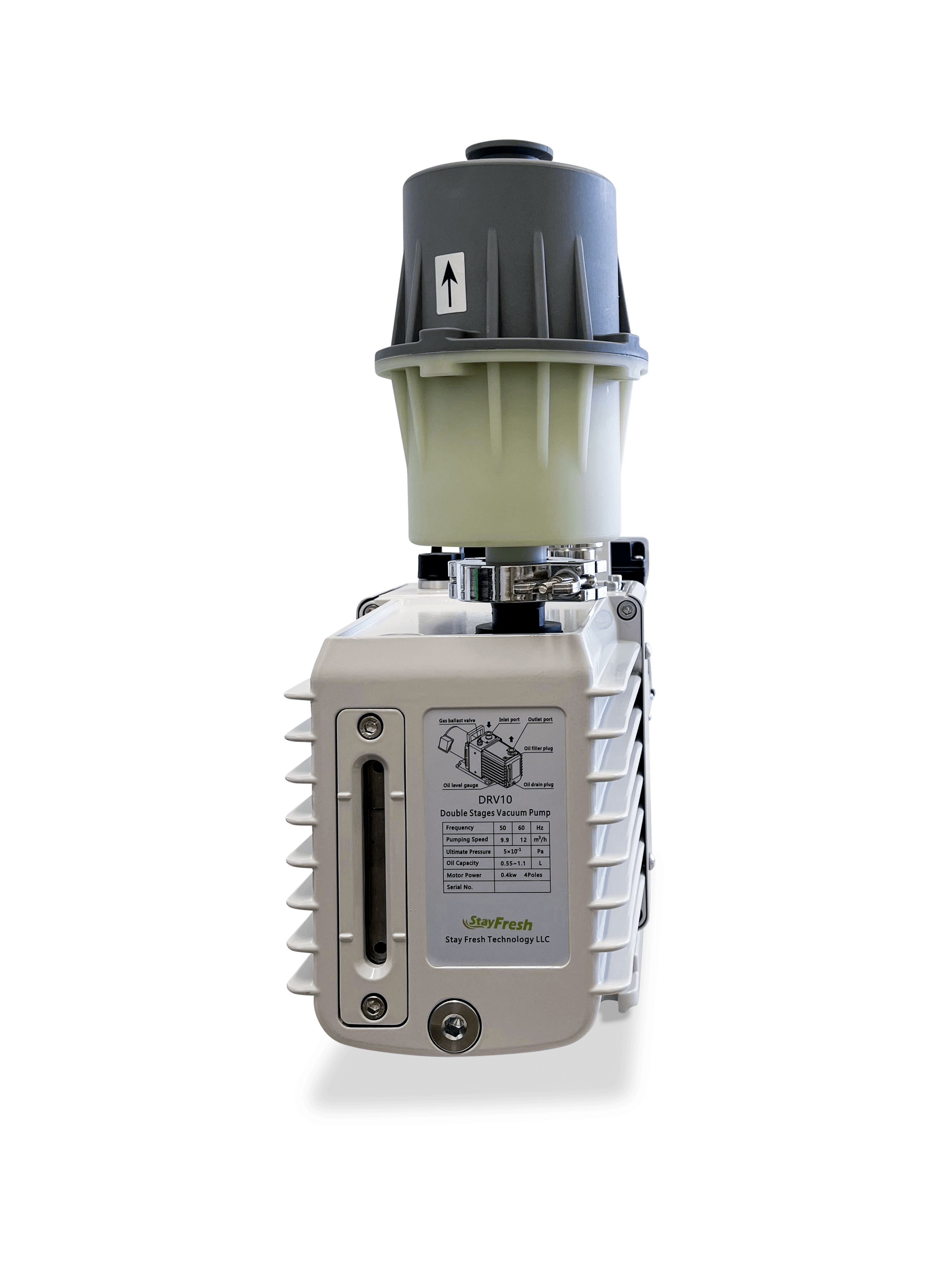 Commercial oil vacuum pump with gray body, black top cap, and front label panel