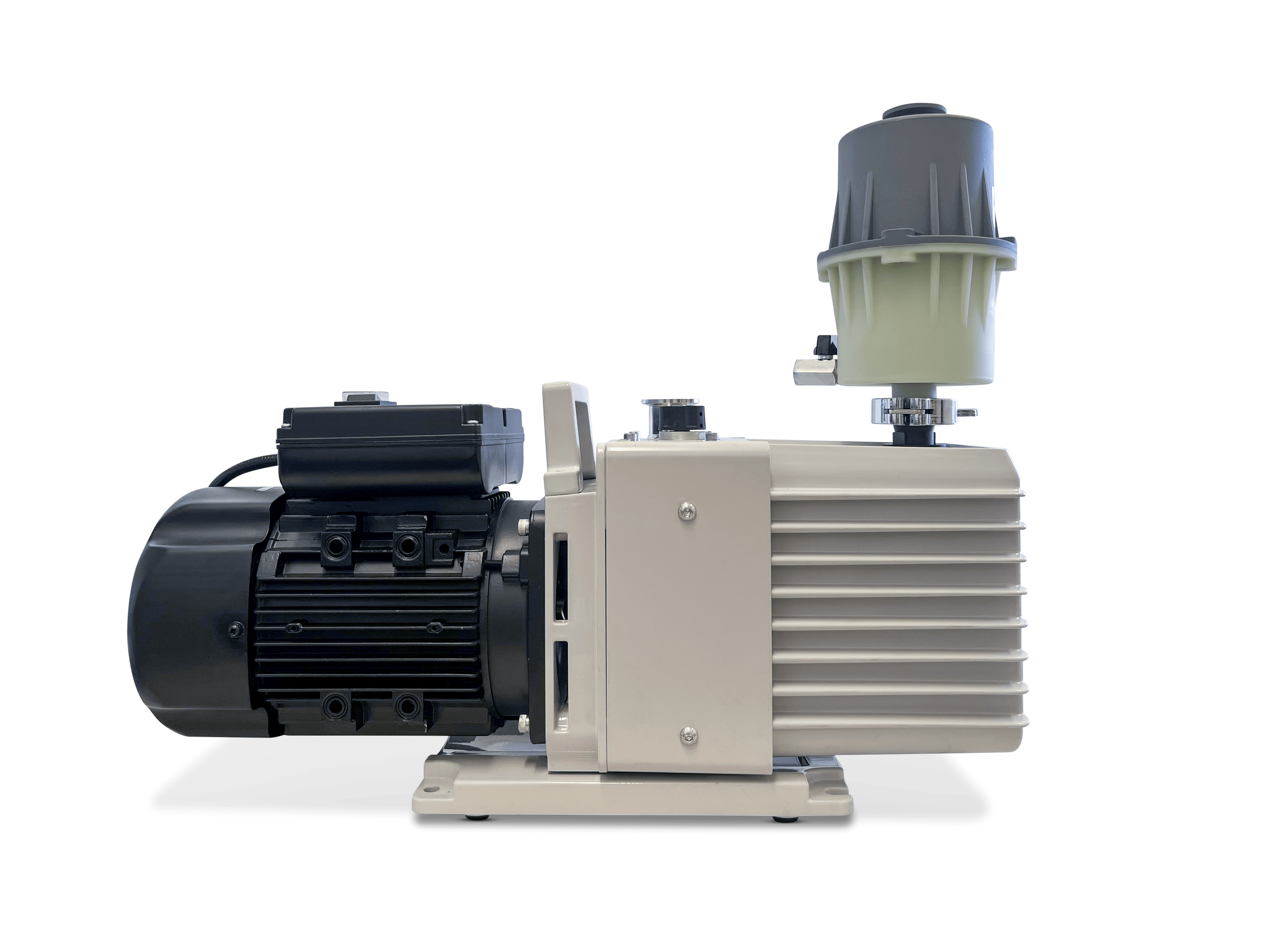 Commercial oil vacuum pump side profile with black motor and gray ribbed cover