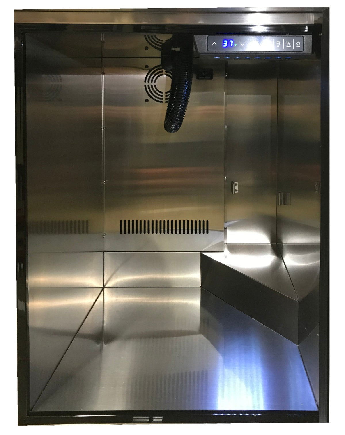 Stainless interior of beer refrigerator with digital temperature display and faucet line