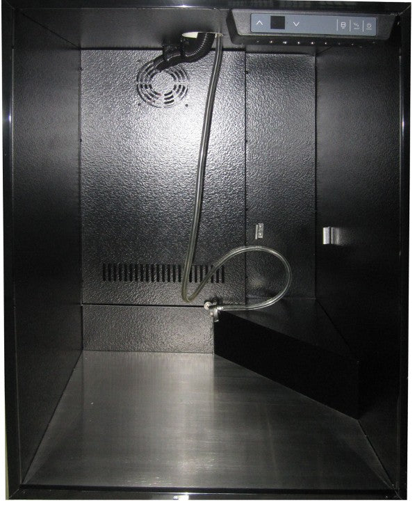 Refrigerator interior chamber with fan grille and beer line tubing