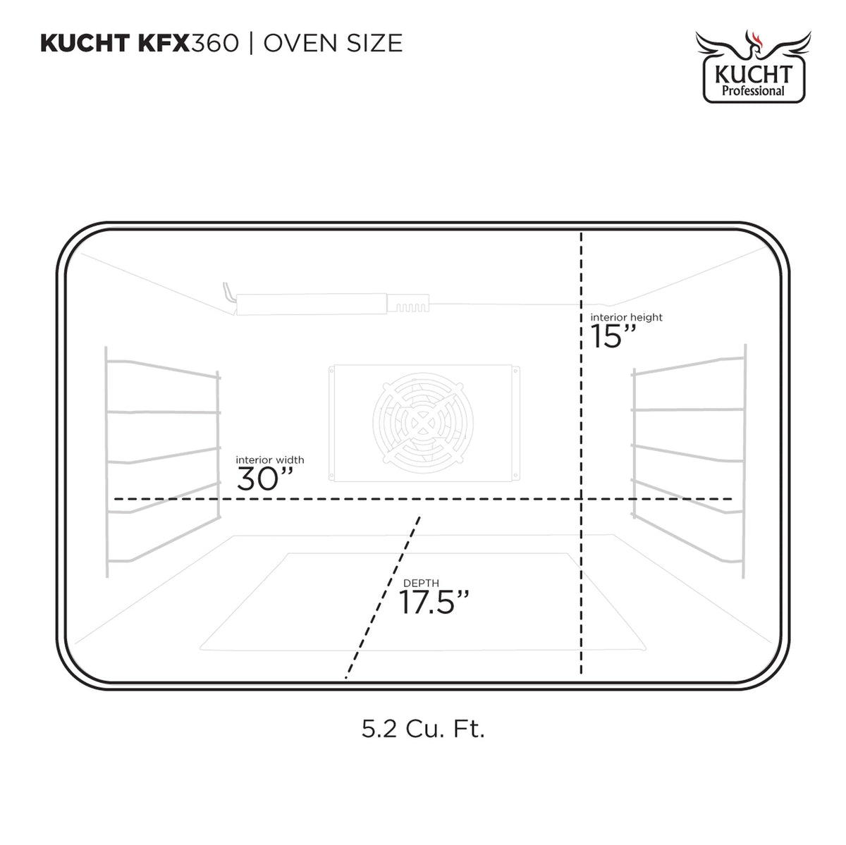 Gas range oven size diagram showing 5.2 cu. ft. interior dimensions