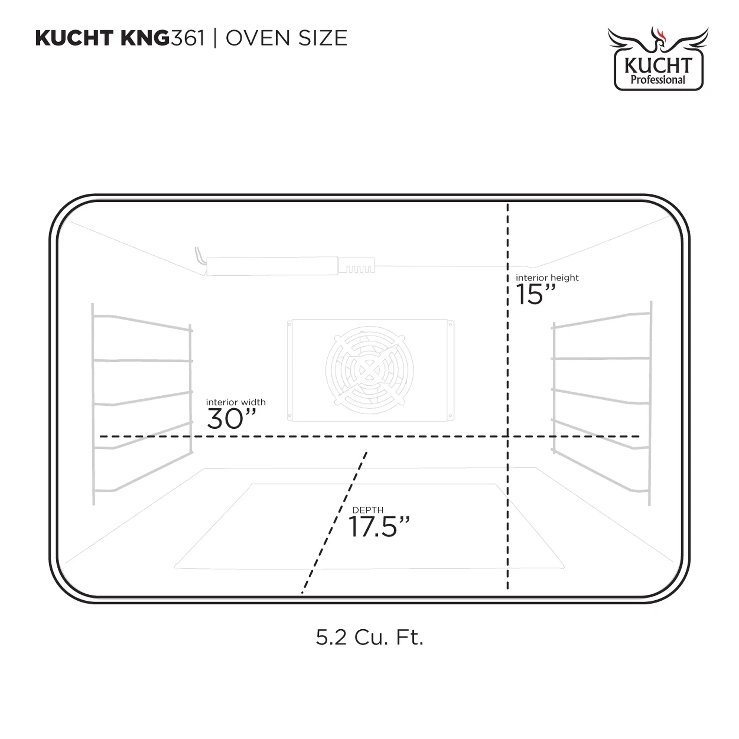 Oven size diagram: 5.2 cu ft, 30 in interior width, 17.5 in depth