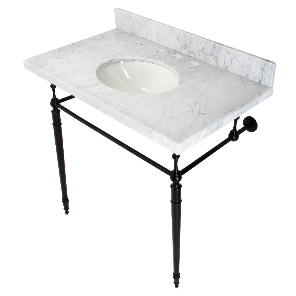 Carrara marble console sink with oval basin and matte black legs