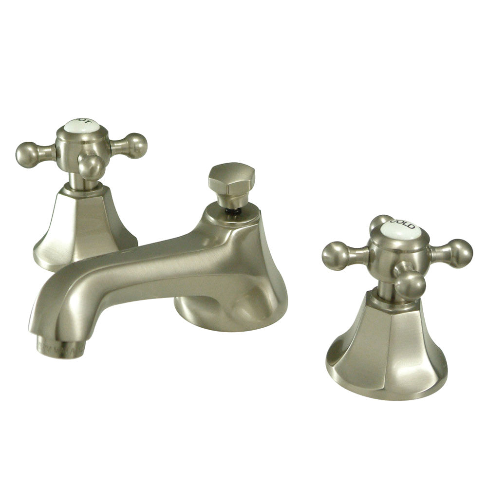 Widespread bathroom faucet in brushed nickel with two cross handles and spout