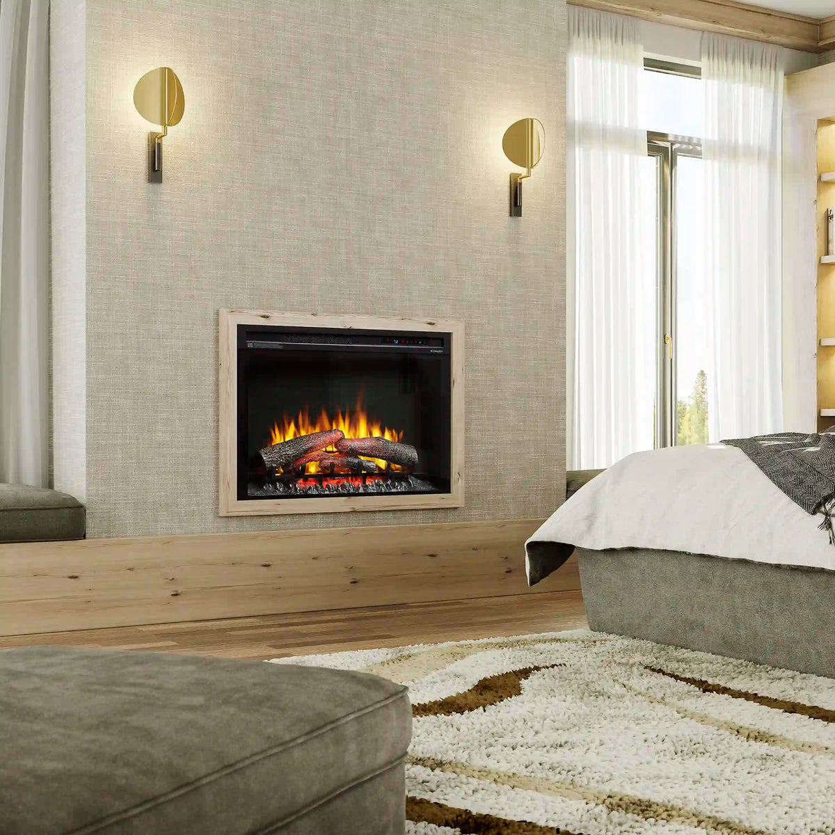 Built-in electric firebox insert with burning log flames behind a glass front