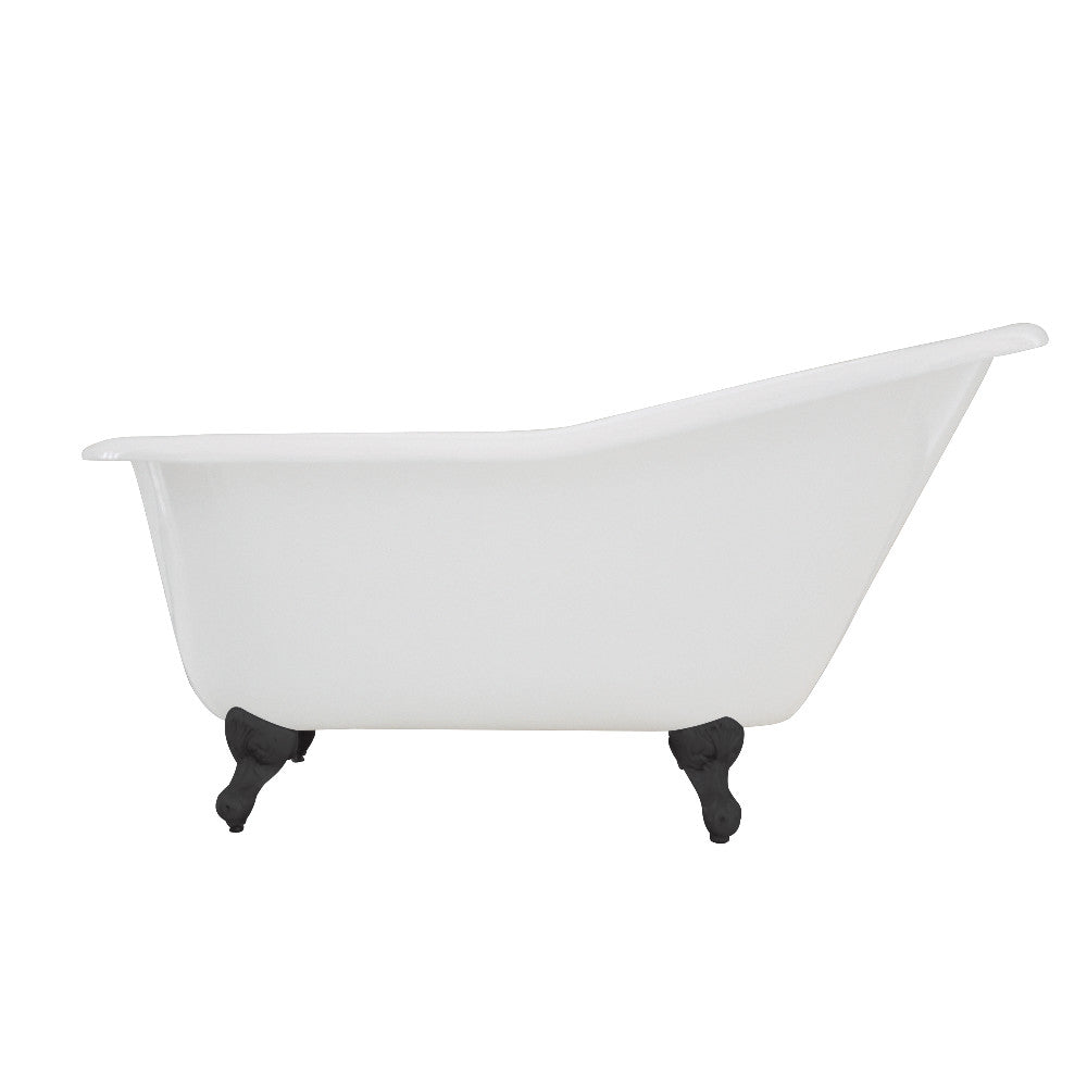 White oval cast iron slipper tub with matte black claw feet, no faucet drillings