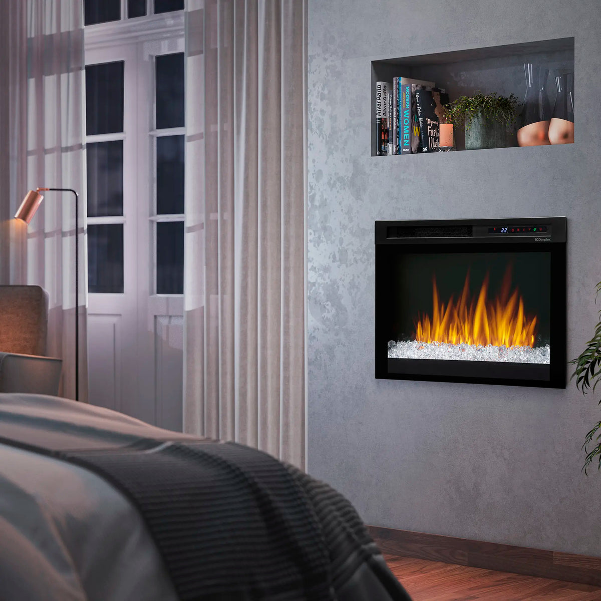 Plug-in electric firebox with realistic flames and acrylic ember bed, wall-mounted