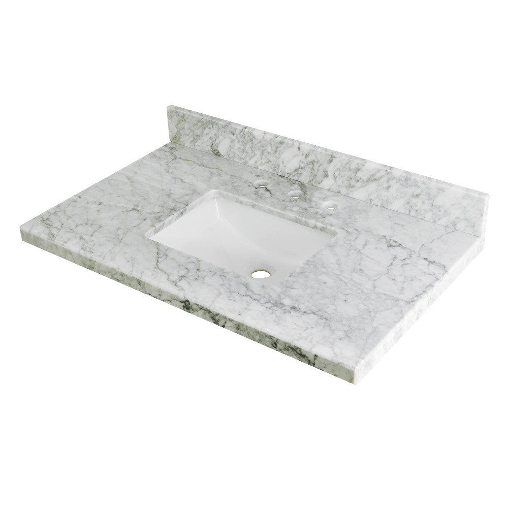 Carrara marble vanity top with rectangular sink and faucet drilling