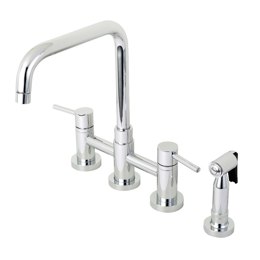 Polished chrome bridge kitchen faucet with brass side sprayer and 4 handles