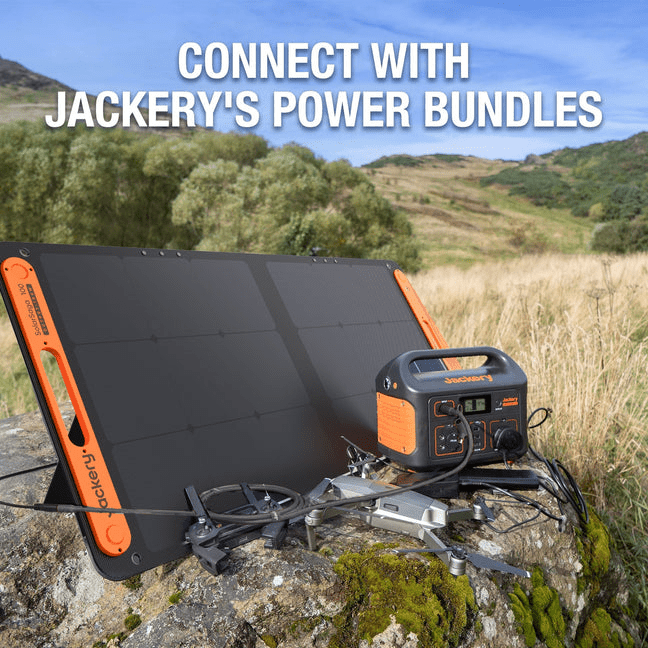 Black DC extension cable connected to a power station and solar panel system