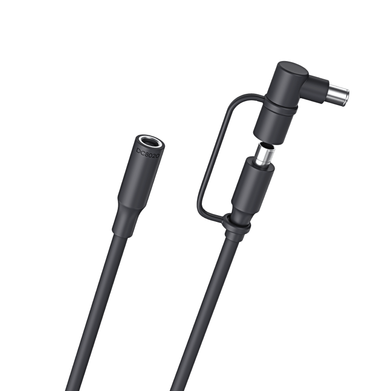 Black DC extension cable with Y-shaped junction and two cylindrical plug connectors