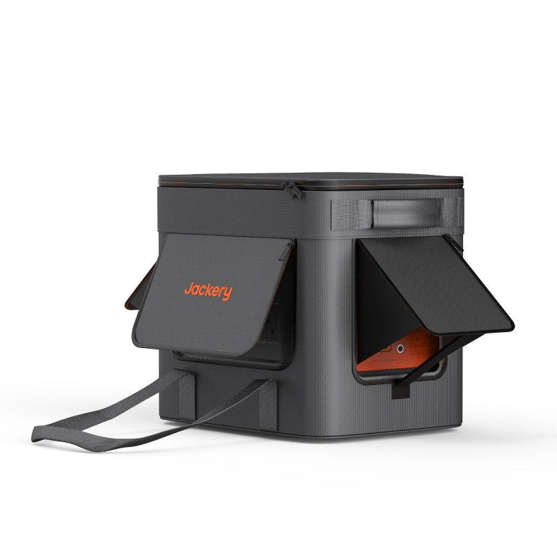 Dark gray carrying bag with side pockets, top strap, and open-access flaps