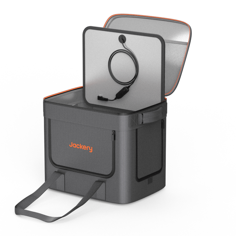 Dark gray cooler-style carrying bag with open lid and front orange Jackery logo