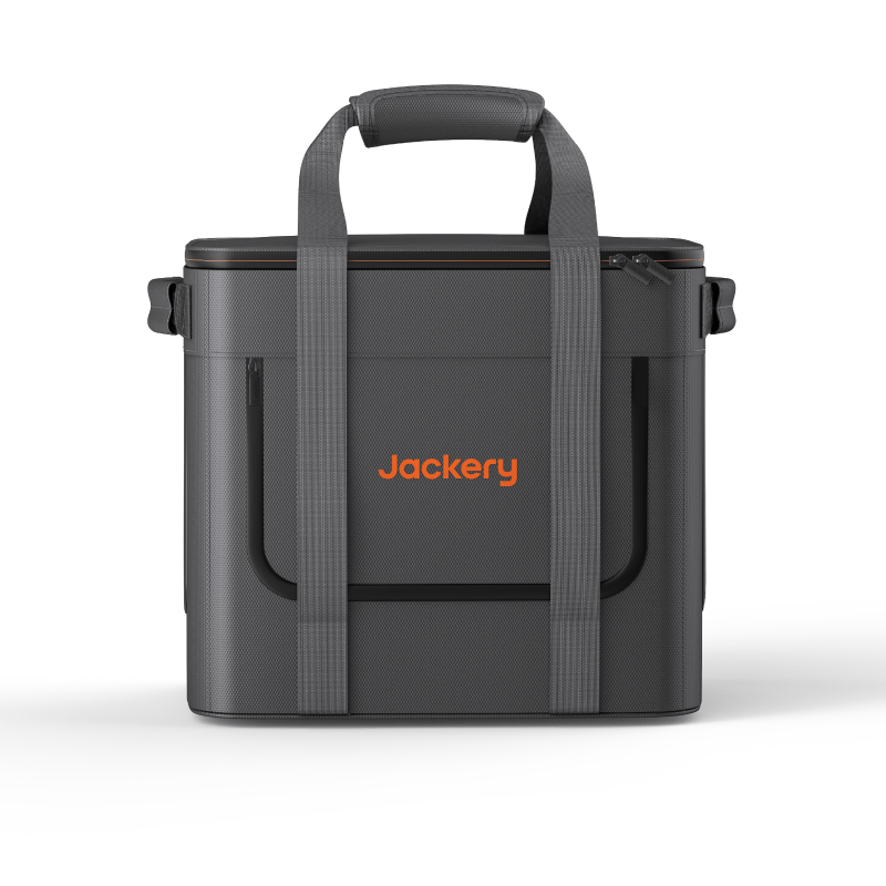 Dark gray insulated carrying bag with front handle and orange Jackery logo
