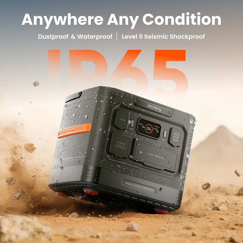 Rugged portable power station with orange accent and control ports, dark gray body