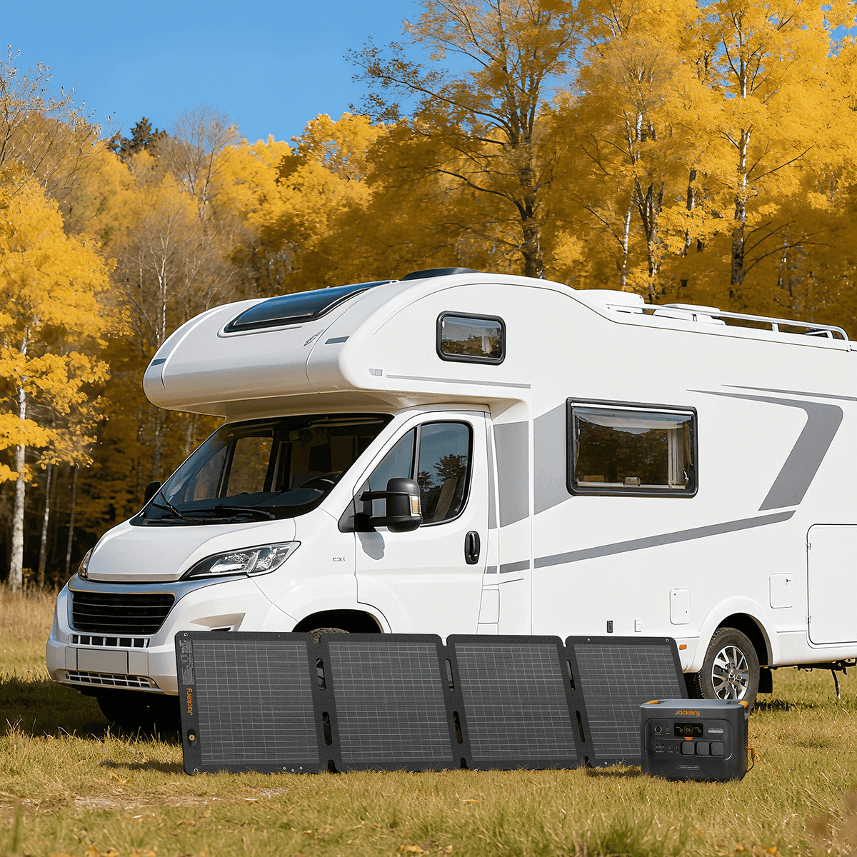 Folded Jackery solar panel set beside an RV, four dark panels on base