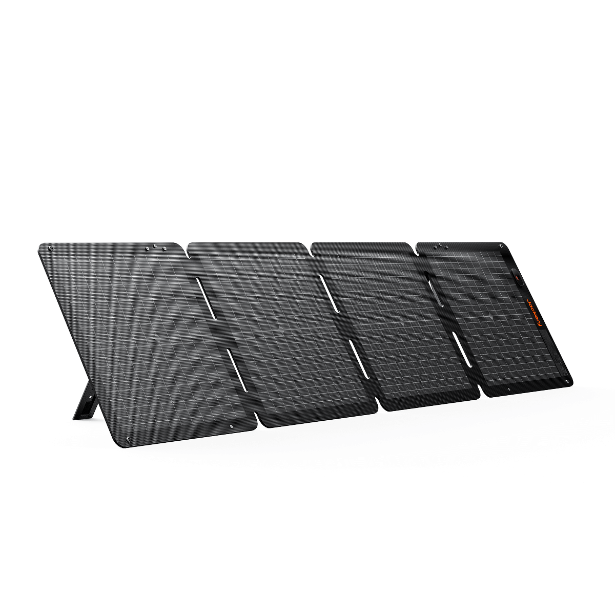 Foldable Jackery solar panel with four dark grid sections, kickstands unfolded