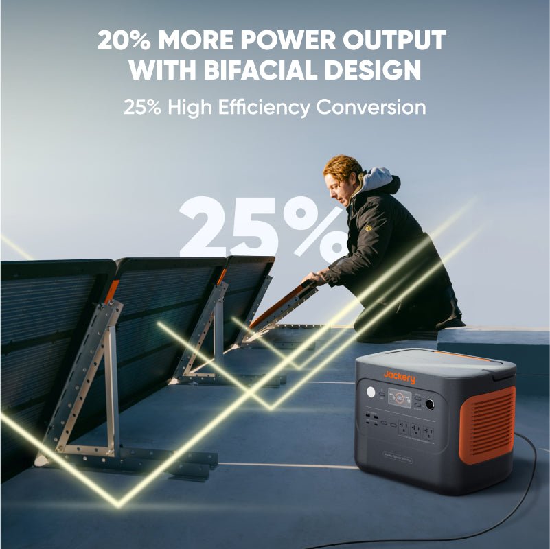 Jackery bifacial solar panel with orange frame, charging a portable power station