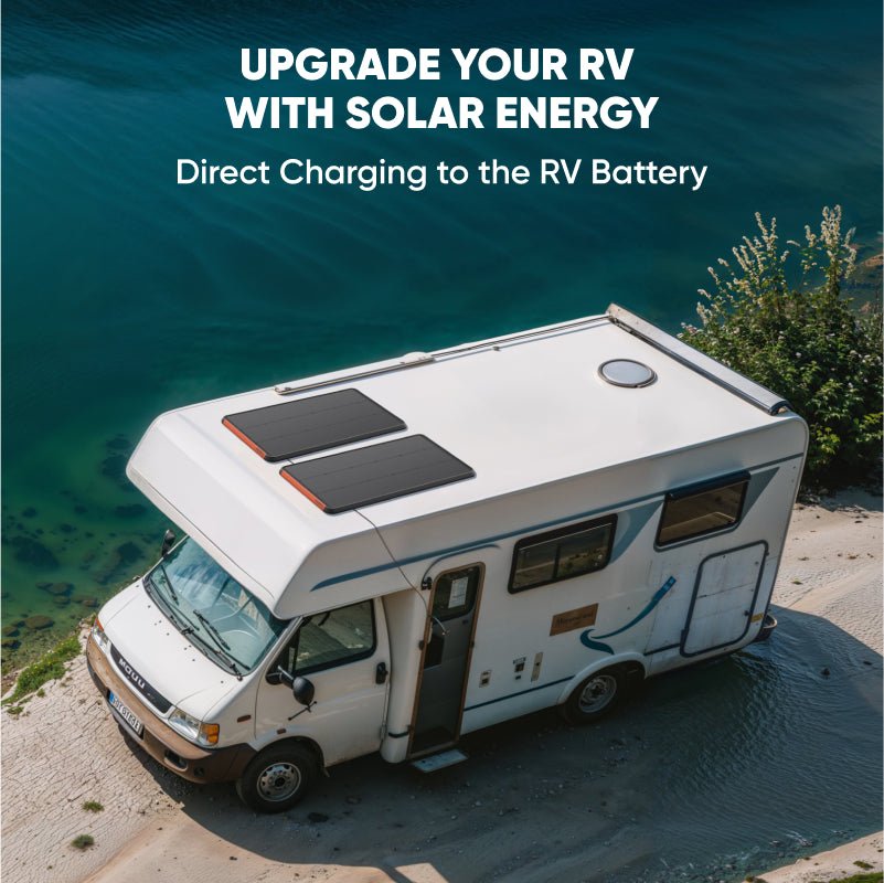 Jackery solar panel on an RV roof, set up for charging the RV battery