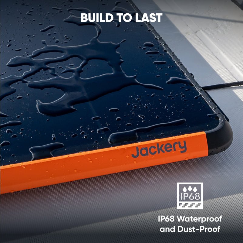 Waterproof bifacial solar panel with droplets, orange Jackery border and IP68 label