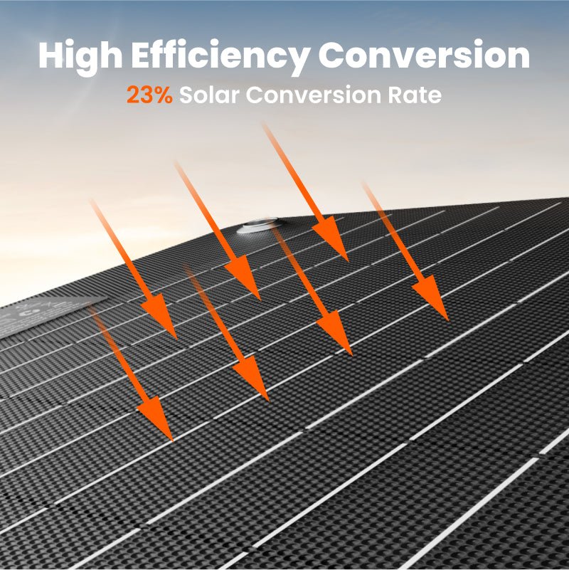 Black solar panel close-up with white grid lines and orange efficiency arrows